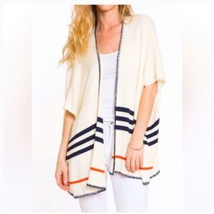 Margaret O'Leary Poncho Open Front Layering Blanket Stitch Oversized Cream OS